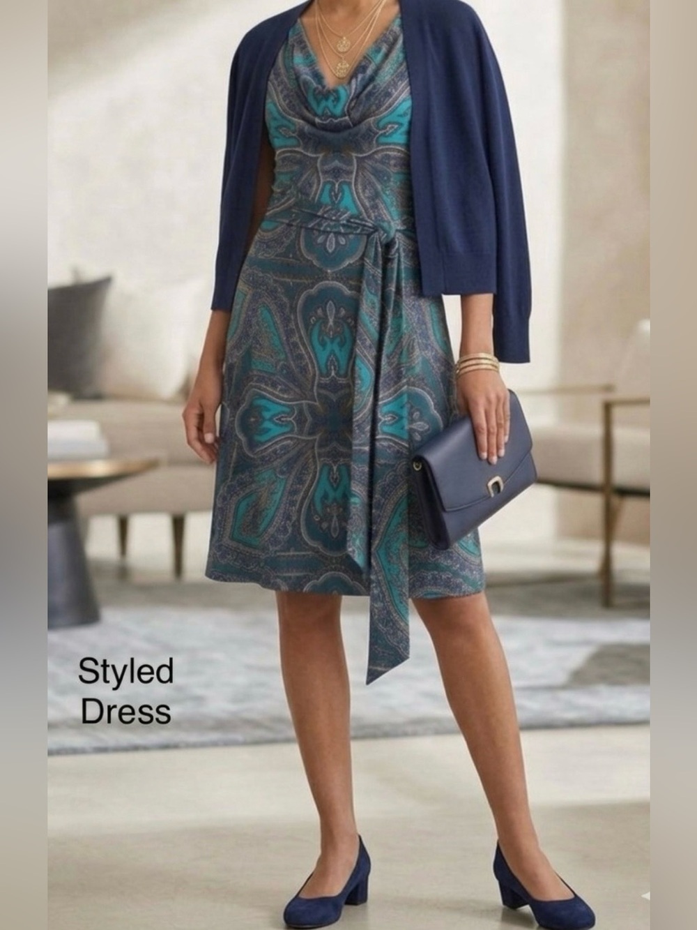 INC International Concepts Teal & Navy Paisley Drape Neck Dress & Belt-Excellent